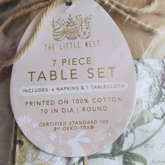 70in Round Cotton Tablecloth And Napkins With Printed Bunnies And Flowers Set - Picture 3 of 16